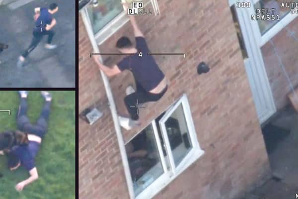 Dramatic footage shows a fugitive driver jumping out a window to evade cops before being wrestled to the ground by a hero police dog.
