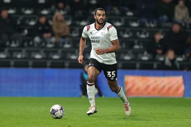 Curtis Nelson playing for Derby County in a League One match vs Northampton