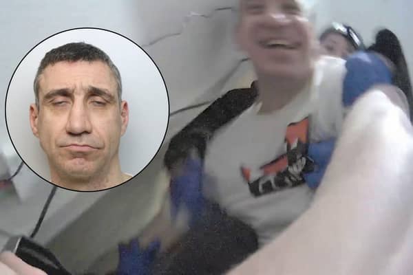 Gordon Finnlayson, 39, filmed laughing as he stabbed a police officer.